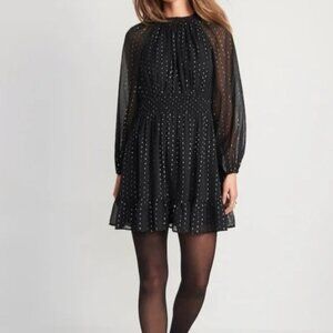 Waist-Defined Metallic Swiss Dot Smocked Mini Dress for Women | NWOT